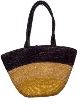 Large Vintage Tri Color Woven Straw Bermuda Beach Bag Tote Carry All